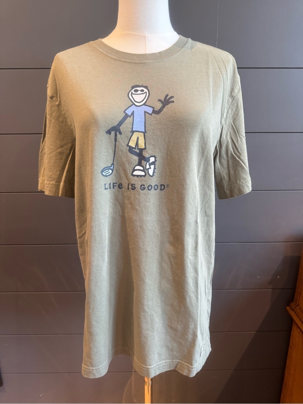 Life Is Good Men's Short Sleeve Tee in Olive Green with Blue Logo Unisex Golfer